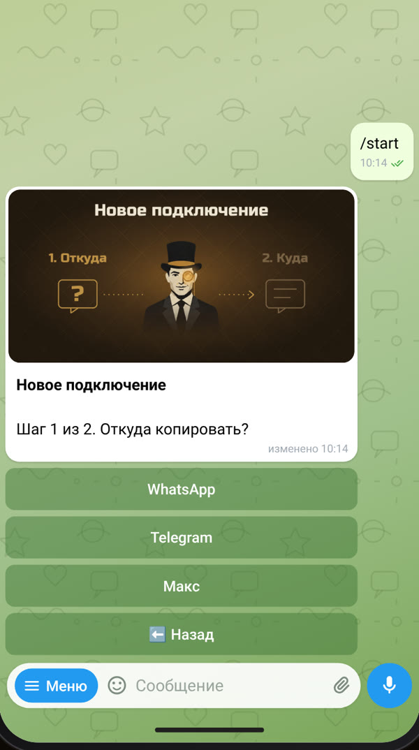 Chat with the bot in Telegram: step 1 of 2, with WhatsApp, Telegram and Max buttons
