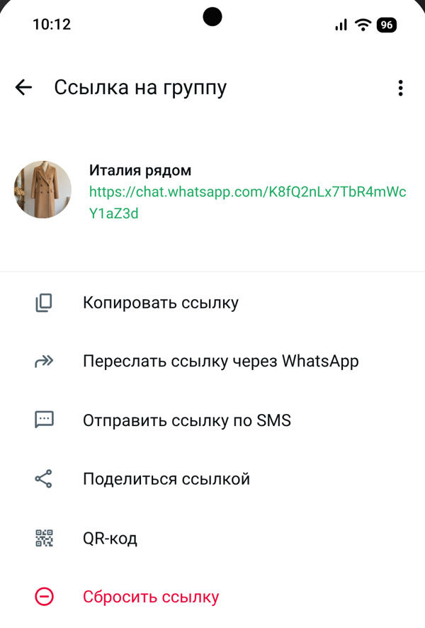 The WhatsApp "Group link" screen with "Copy link"