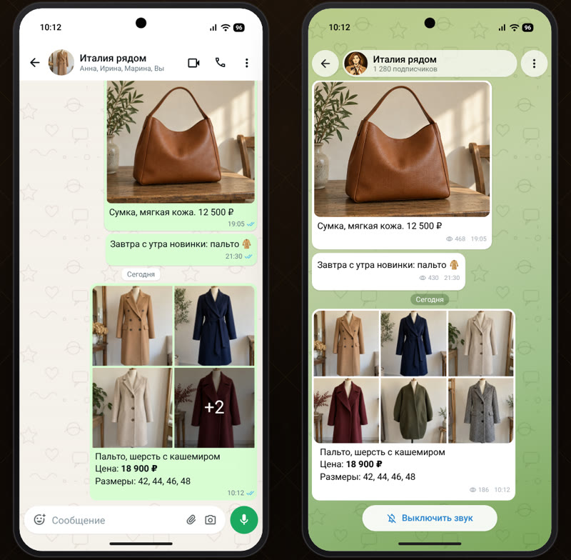 An album of six coats in the WhatsApp group and its copy in the Telegram channel