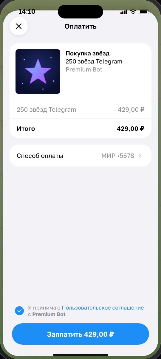 Окно оплаты: покупка 250 звёзд за 429 ₽, карта МИР и кнопка «Заплатить»